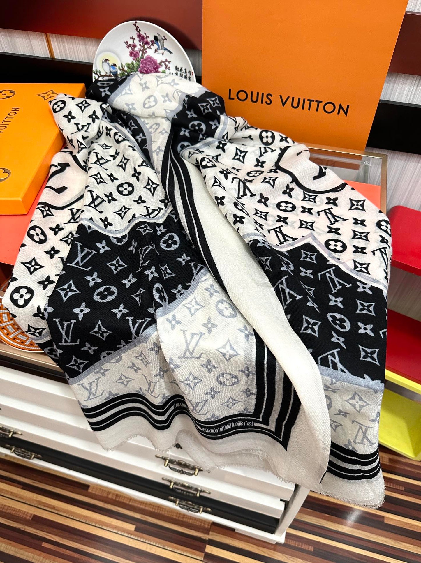 SCARF 200 CM IN BLACK MIX WHITE CASHMERE 400032