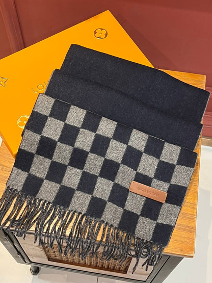 DAMIER SCARF 180 CM IN MIDNIGHT BLUE MIX GRAY CASHMERE 388316