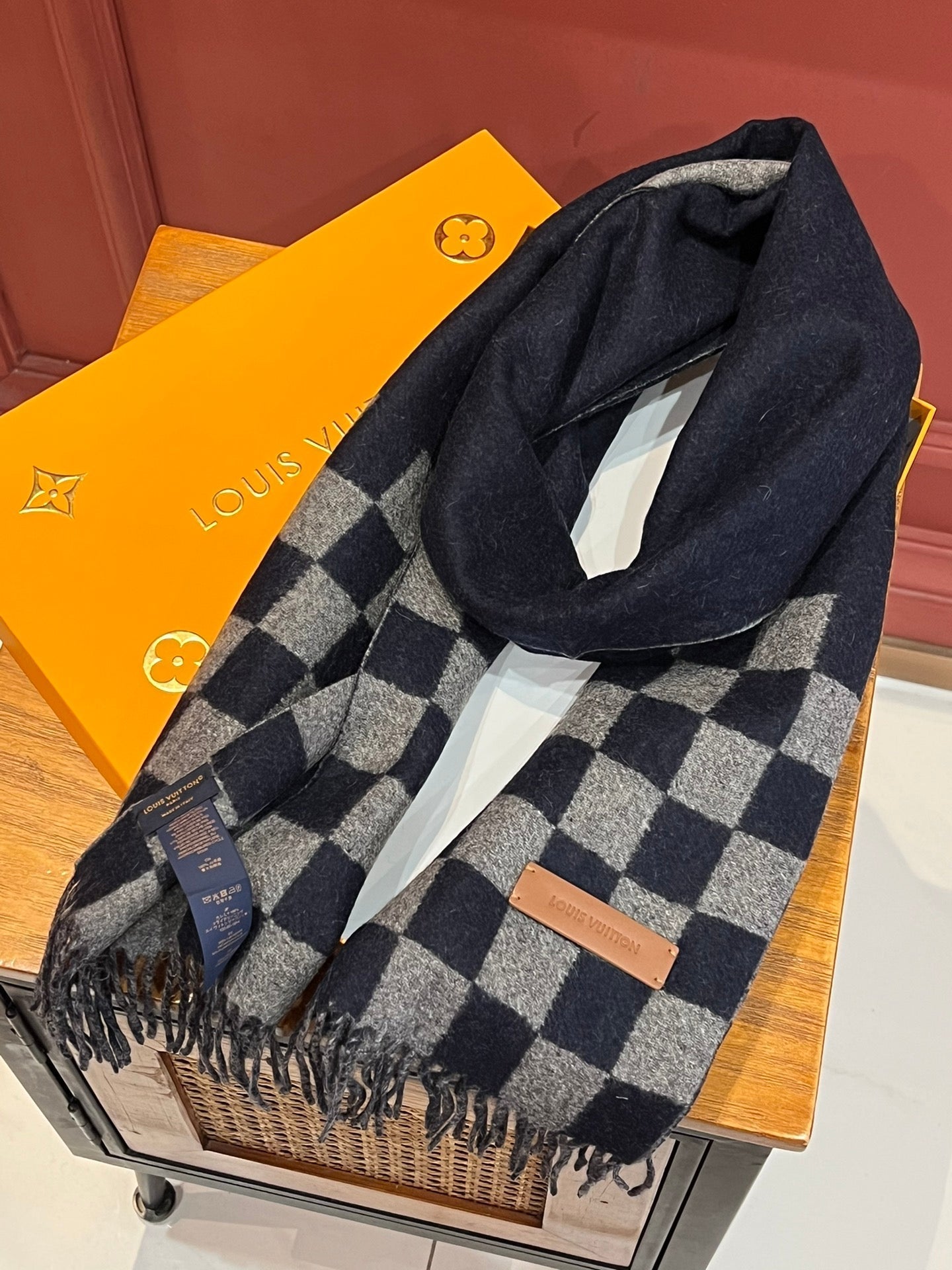 DAMIER SCARF 180 CM IN MIDNIGHT BLUE MIX GRAY CASHMERE 388316