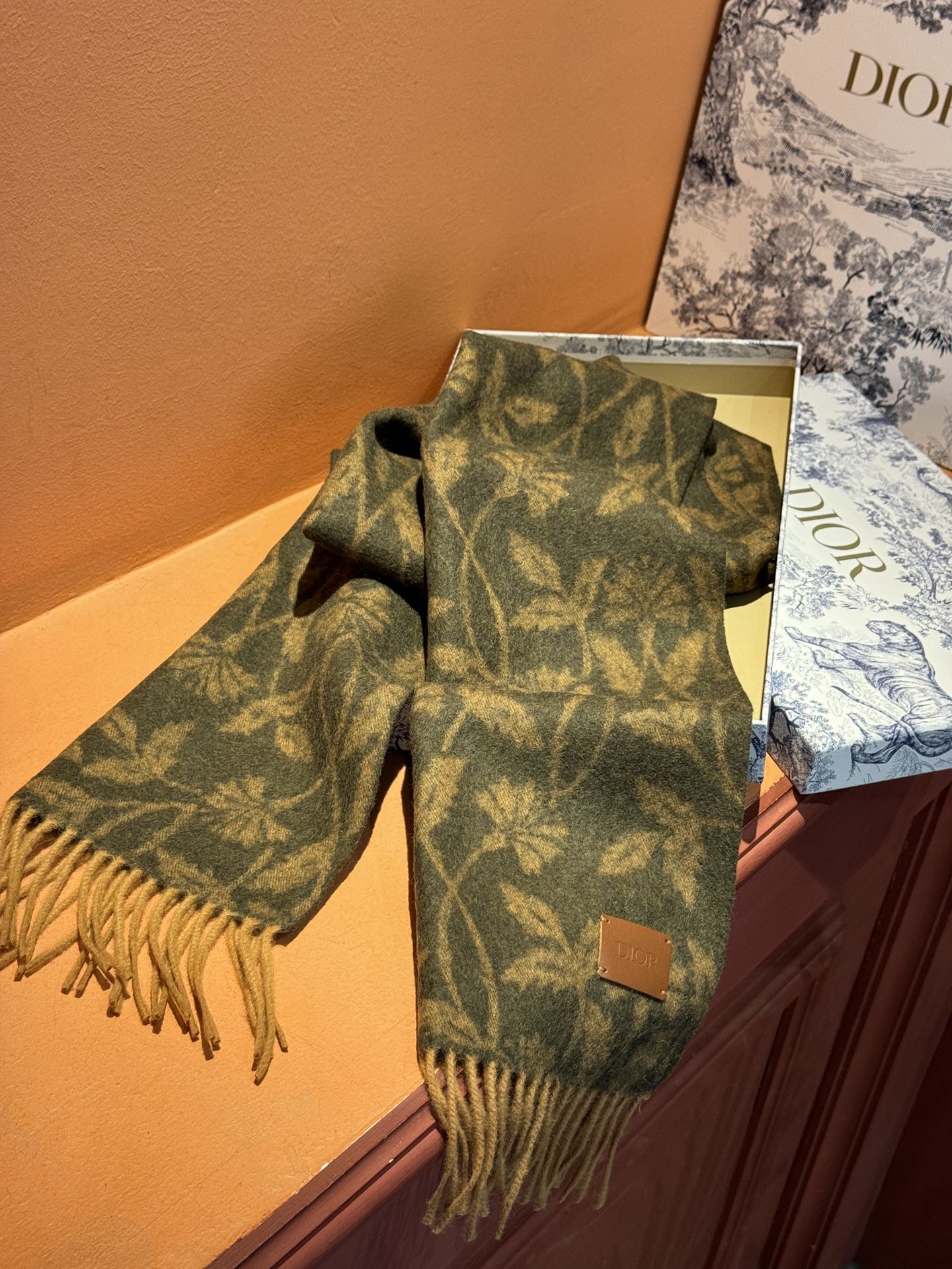 SCARF 180 CM IN OLIVE GREEN MONOGRAM CASHMERE 394642