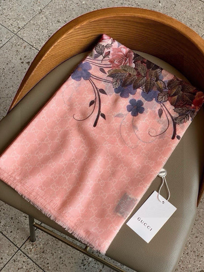 SCARF 200 CM IN BLUSH PINK CASHMERE WITH COLORFUL FLOWER 405253