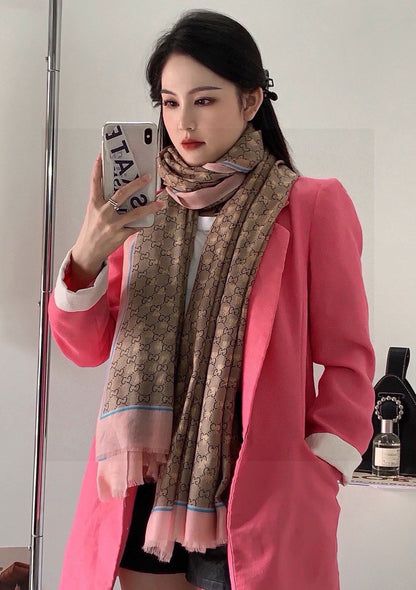 SCARF 200 CM IN KHAKI BROWN MIX LIGHT PINK CASHMERE 405265