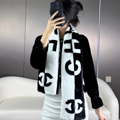 SCARF 120 CM IN BLACK MIX WHITE CASHMERE AND FUR 396432