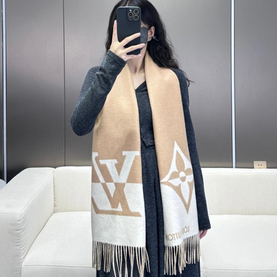 GRAPHIC DUAL SCARF 192 CM IN TUSCAN BEIGE MIX WHITE WOOL AND CASHMERE 396434