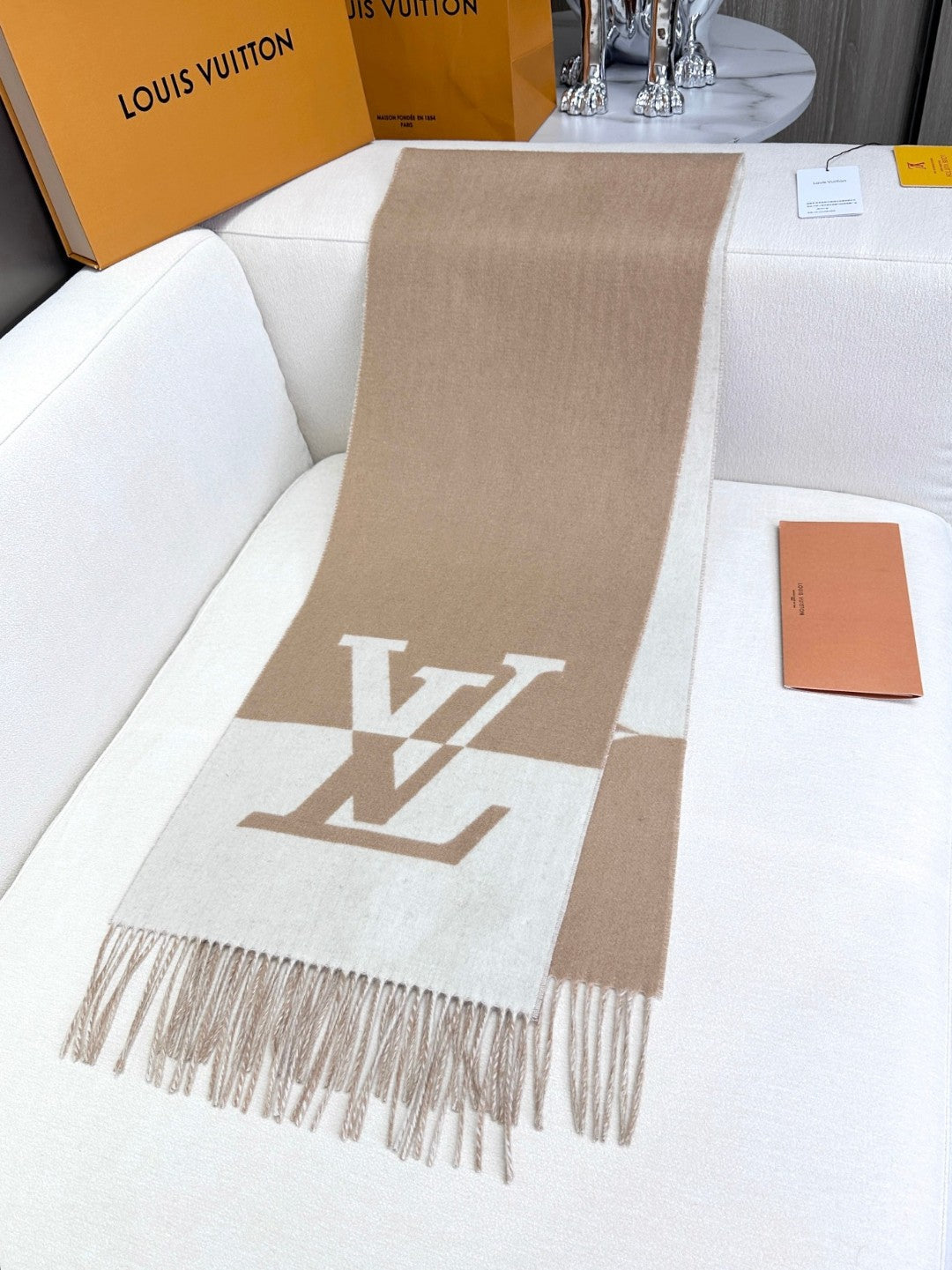 GRAPHIC DUAL SCARF 192 CM IN TUSCAN BEIGE MIX WHITE WOOL AND CASHMERE 396434