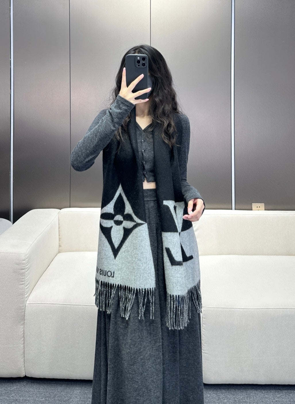 GRAPHIC DUAL SCARF 192 CM IN BLACK MIX LIGHT GRAY WOOL AND CASHMERE 396435