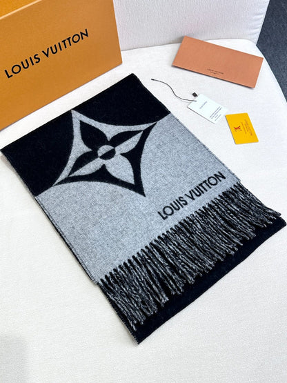 GRAPHIC DUAL SCARF 192 CM IN BLACK MIX LIGHT GRAY WOOL AND CASHMERE 396435