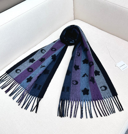 STARS AND STRIPES PRINT SCARF 183 CM IN BLACK AND COLORFUL COTTON WOOL 410184