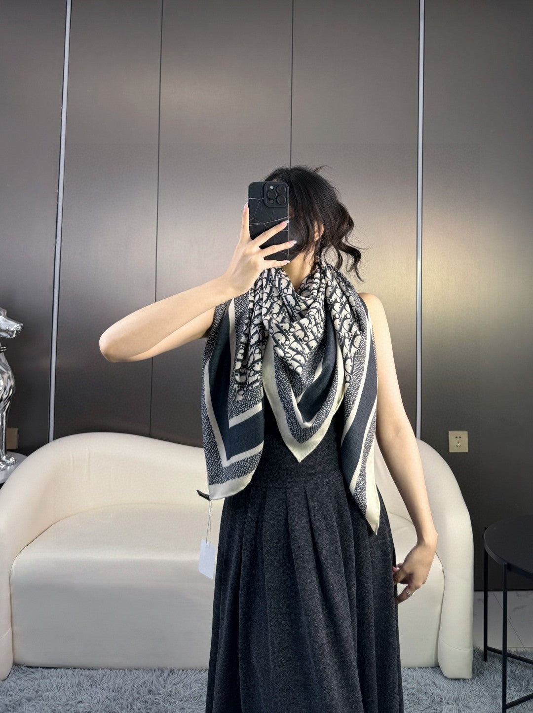 MONOGRAM SQUARE SCARF 140 CM IN BLACK MIX WHITE  CASHMERE AND SILK 413742