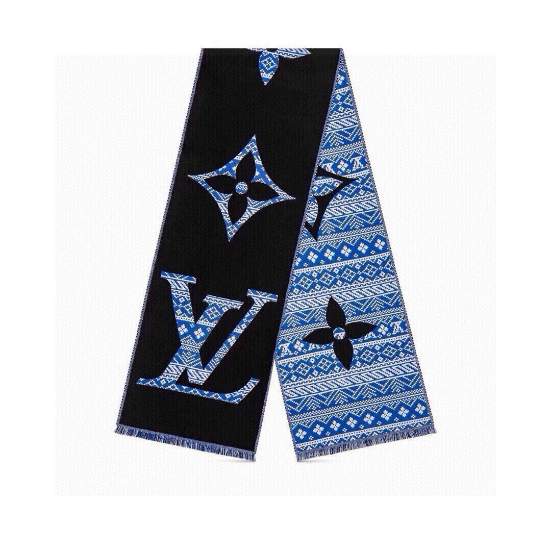 SCARF 200 CM IN BLACK MIX BLUE WOOL 390040