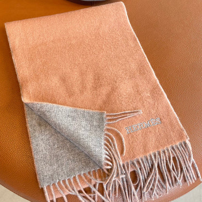 DOUBLE-FACE STOLE SCARF 180 CM IN PALE ORANGE MIX DOLPHIN GRAY CASHMERE 394460