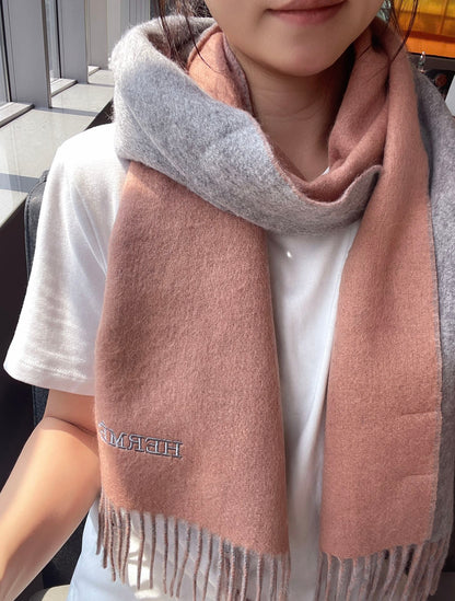 DOUBLE-FACE STOLE SCARF 180 CM IN PALE ORANGE MIX DOLPHIN GRAY CASHMERE 394460