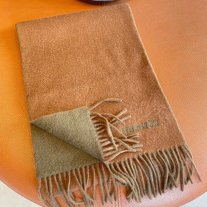 DOUBLE-FACE STOLE SCARF IN BURNT ORANGE MIX OLIVE GREEN CASHMERE 394462