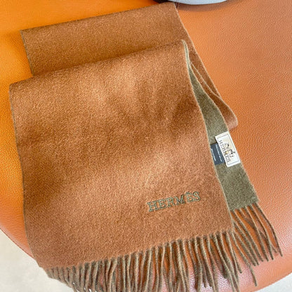 DOUBLE-FACE STOLE SCARF IN BURNT ORANGE MIX OLIVE GREEN CASHMERE 394462