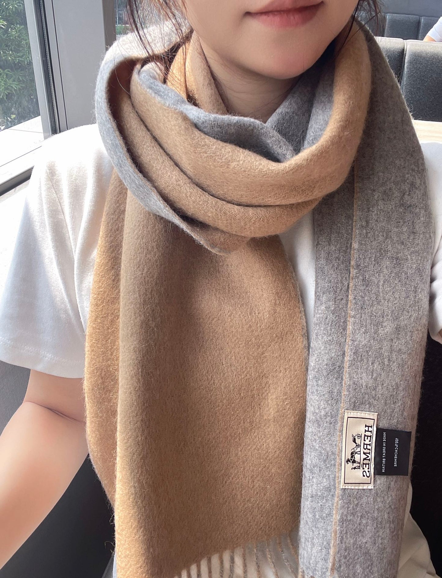 DOUBLE-FACE STOLE SCARF IN MACAROON TAN MIX PALE GRAY CASHMERE 394463