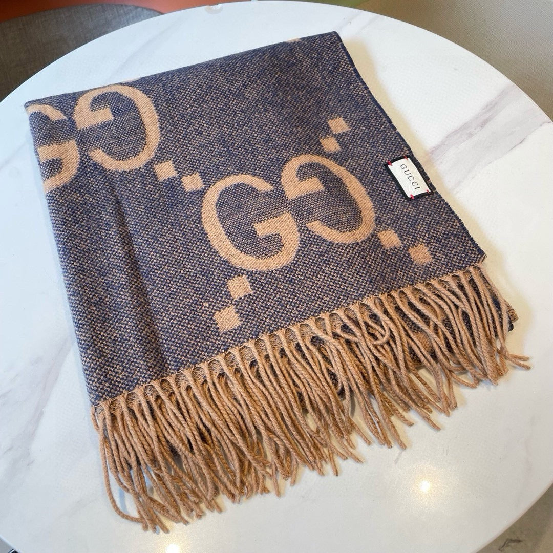 GG JACQUARD PATTERN KNIT SCARF 195 CM WITH TASSELS PIGEON BLUE 403745