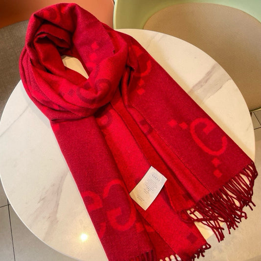 GG JACQUARD PATTERN KNIT SCARF 195 CM WITH TASSELS CHERRY RED 403746