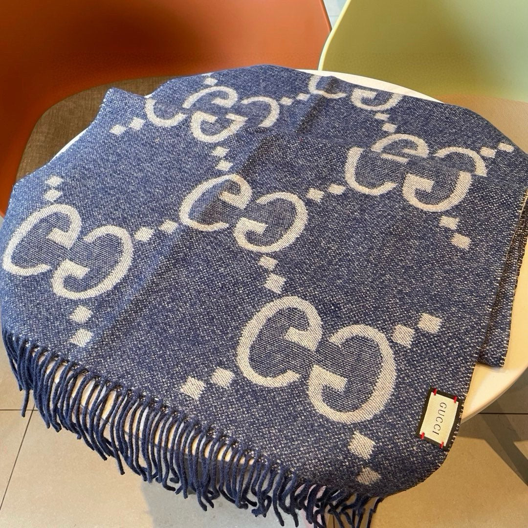 GG JACQUARD PATTERN KNIT SCARF 195 CM WITH TASSELS NAVY BLUE 403747