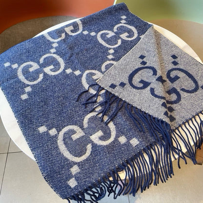 GG JACQUARD PATTERN KNIT SCARF 195 CM WITH TASSELS NAVY BLUE 403747