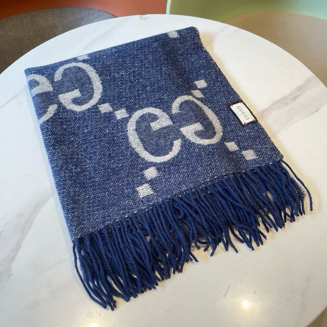 GG JACQUARD PATTERN KNIT SCARF 195 CM WITH TASSELS NAVY BLUE 403747