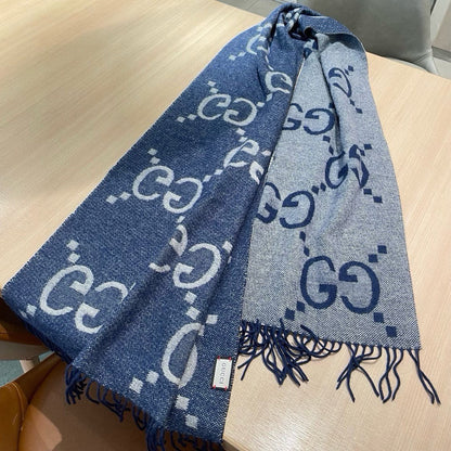 GG JACQUARD PATTERN KNIT SCARF 195 CM WITH TASSELS NAVY BLUE 403747