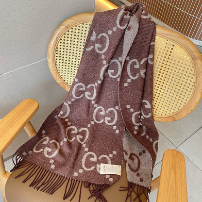 GG JACQUARD PATTERN KNIT SCARF 195 CM WITH TASSELS UMBER BROWN 403751