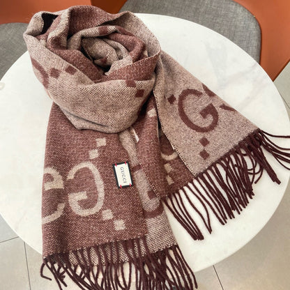 GG JACQUARD PATTERN KNIT SCARF 195 CM WITH TASSELS UMBER BROWN 403751