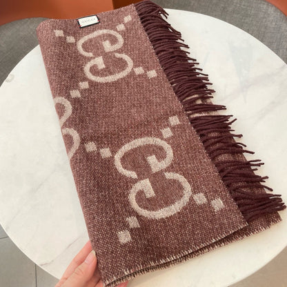 GG JACQUARD PATTERN KNIT SCARF 195 CM WITH TASSELS UMBER BROWN 403751