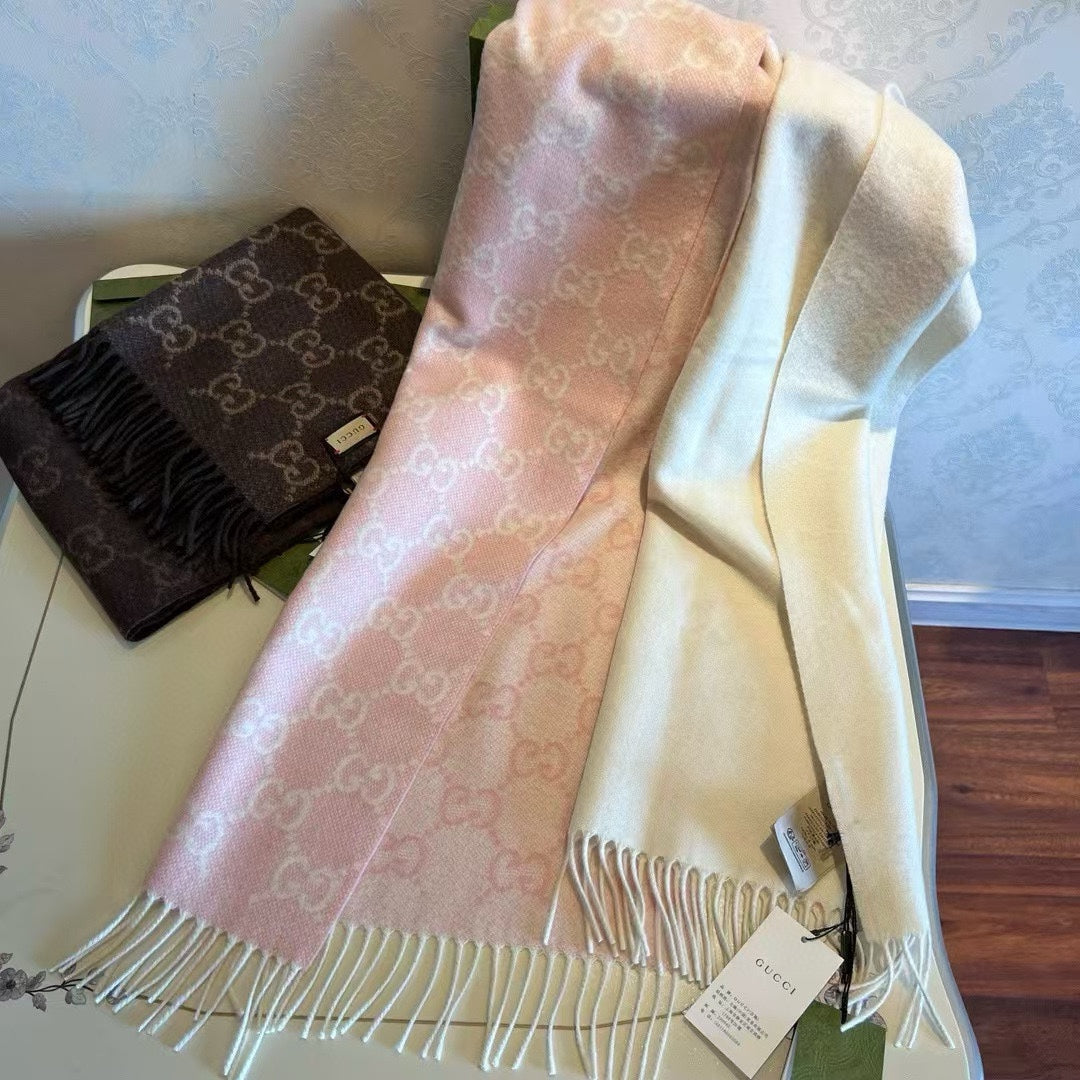 SCARF 200 CM LIGHT PINK AND IVORY GG CASHMERE JACQUARD 405134