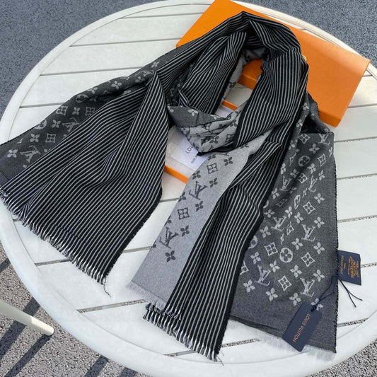 MONOGRAM SCARF 200 CM IN BLACK CASHMERE AND SILK 388078