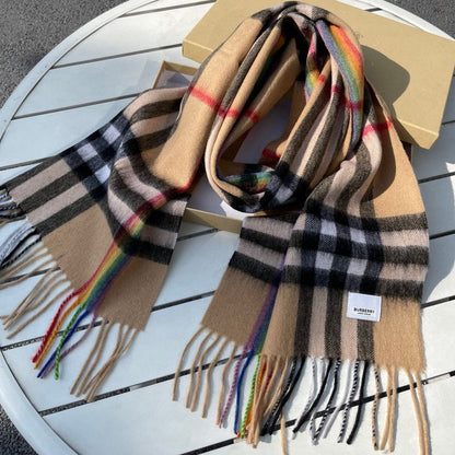 CHECK SCARF 200 CM IN CAMEL BEIGE MIX BLACK CASHMERE 394753