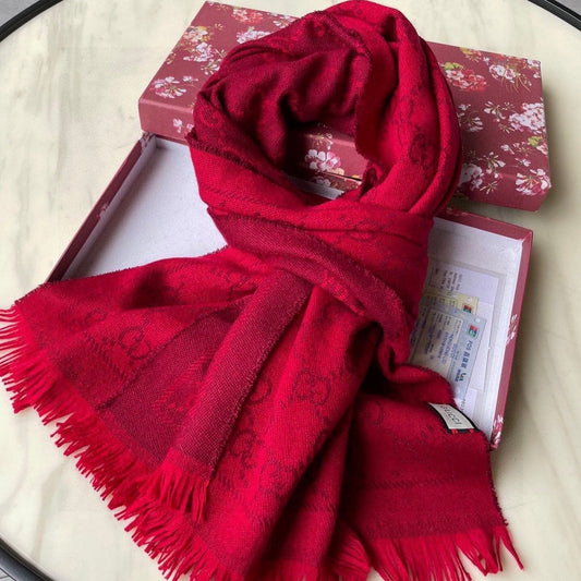 SCARF 180 CM IN CHERRY RED GG PATTERN MONOGRAM WOOL 407527