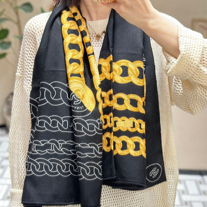 SQUARE SCARF 140 CM IN BLACK MIX GOLD SILK 403987