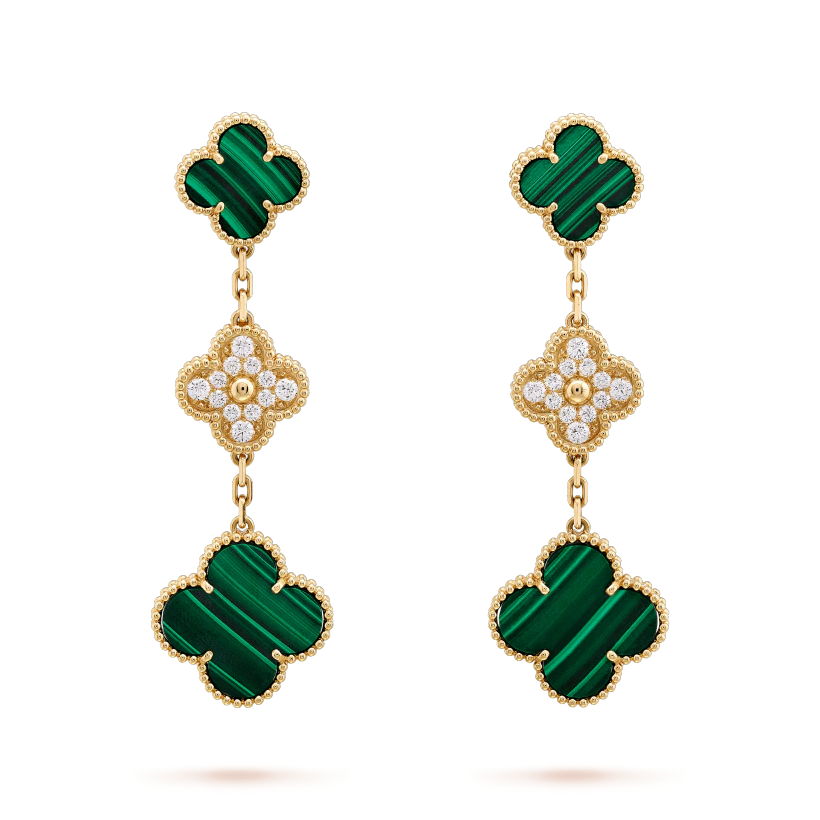 [Rose Jewellery]CLOVER EARRINGS GOLD MALACHITE DIAMOND 3 MOTIF