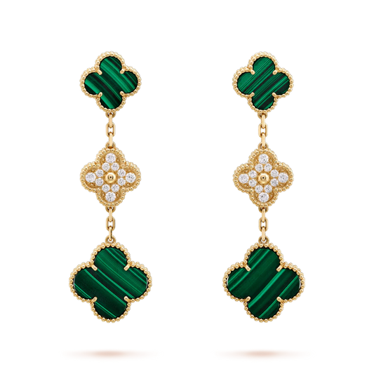 [Rose Jewellery]CLOVER EARRINGS GOLD MALACHITE DIAMOND 3 MOTIF