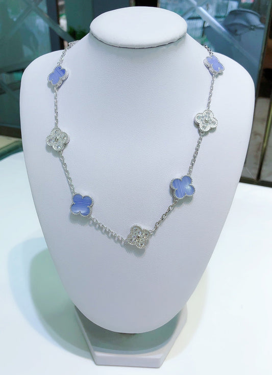 [Rose Jewellery]CLOVER 10 MOTIFS CHALCEDONY DIAMONDS SILVER NECKLACE