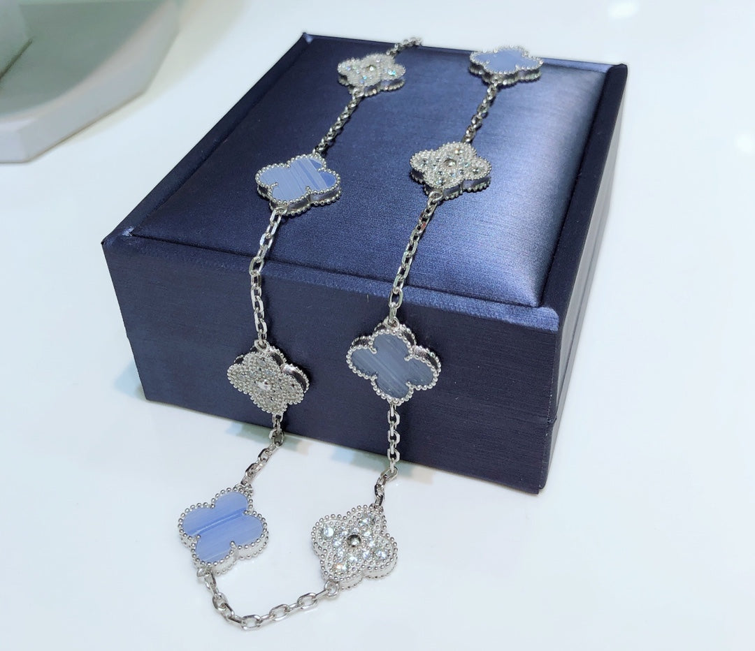 [Rose Jewellery]CLOVER 10 MOTIFS CHALCEDONY DIAMONDS SILVER NECKLACE