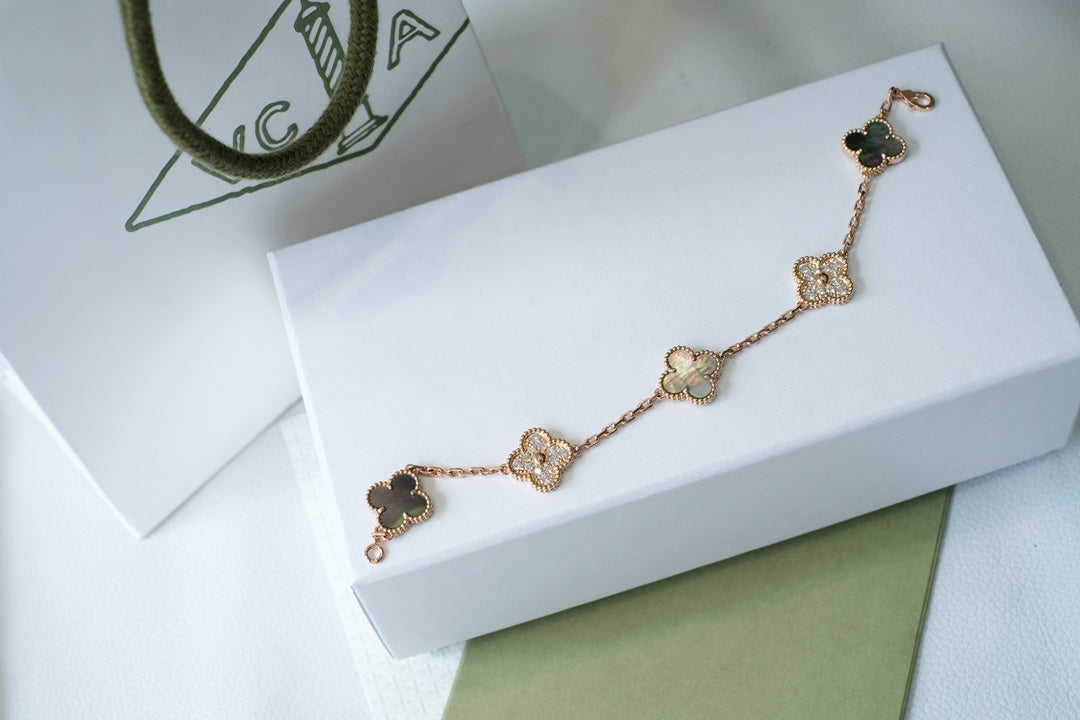 [Rose Jewellery]CLOVER 5 MOTIFS DARK MOP AND DIAMONDS PINK GOLD BRACELET