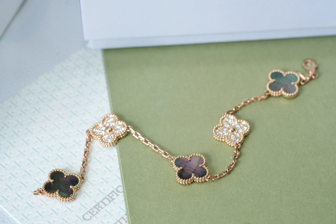 [Rose Jewellery]CLOVER 5 MOTIFS DARK MOP AND DIAMONDS PINK GOLD BRACELET