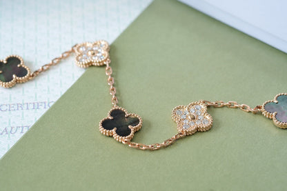 [Rose Jewellery]CLOVER 5 MOTIFS DARK MOP AND DIAMONDS PINK GOLD BRACELET